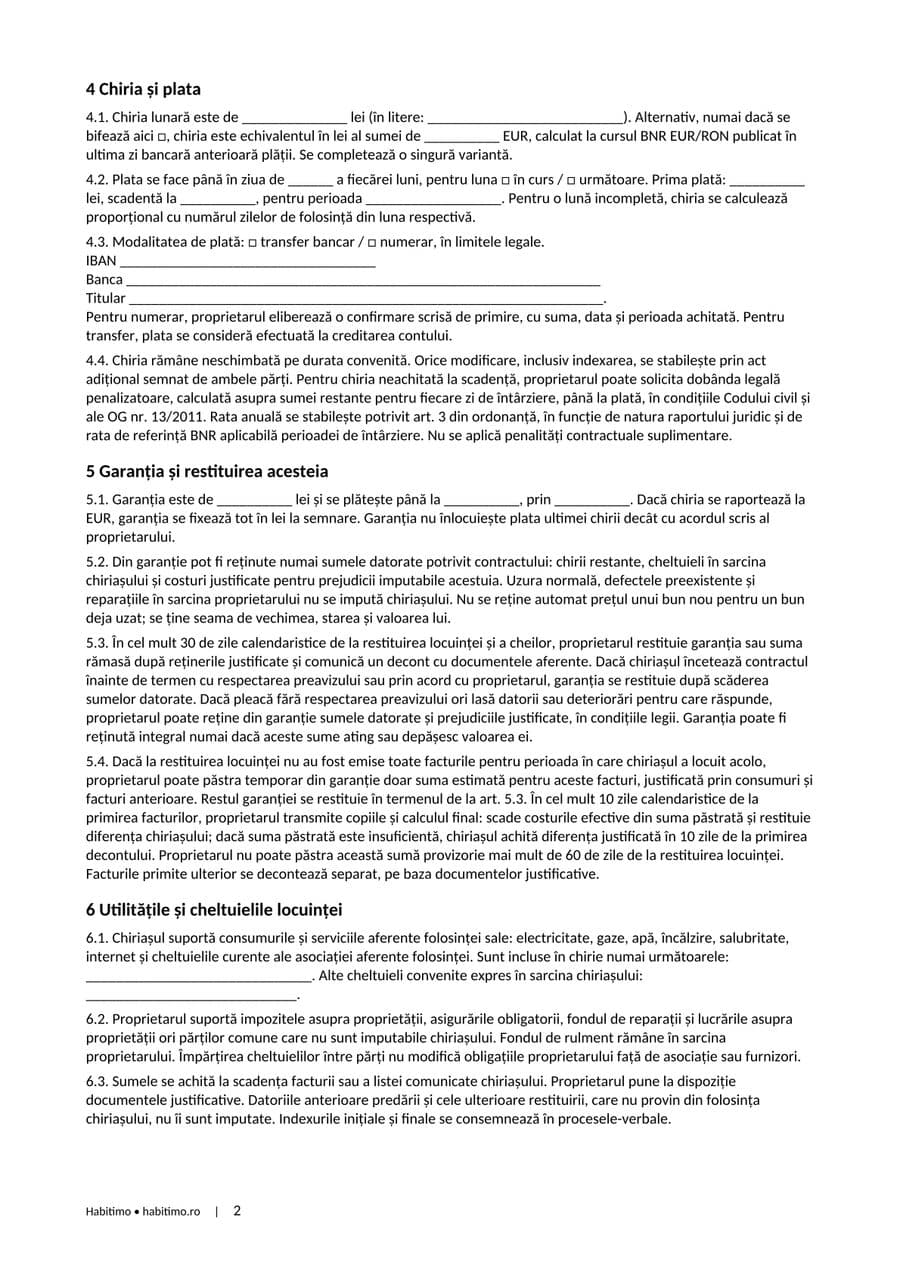 A doua pagină a modelului de contract: chiria, garanția, utilitățile
