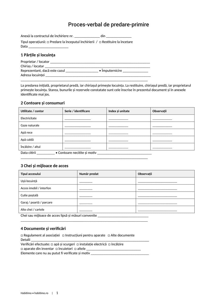 Prima pagină a modelului de proces-verbal de predare-primire: părțile, contoarele, cheile